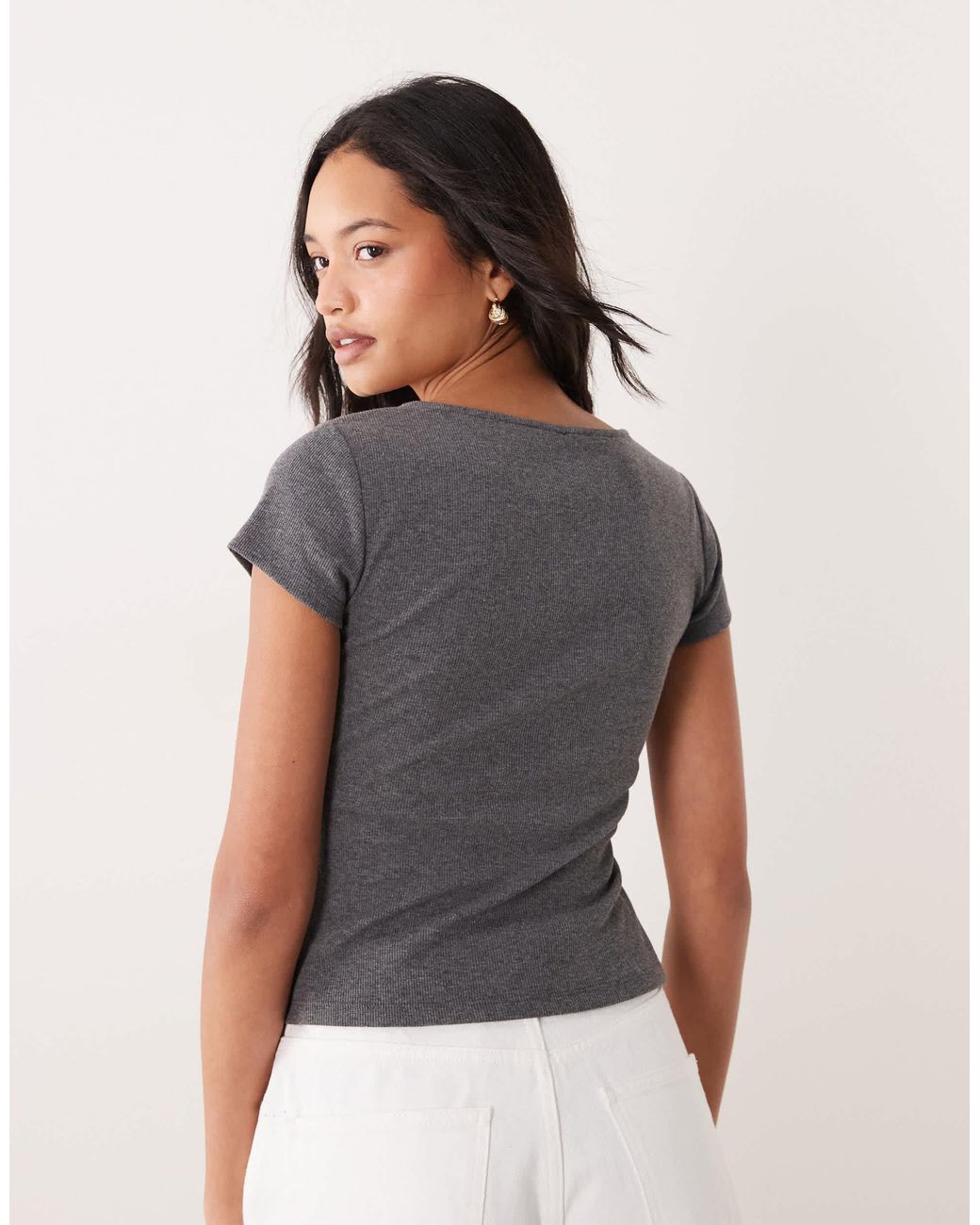 ASOS Gray Short Sleeve With V Neck And Black Lace Trim Top