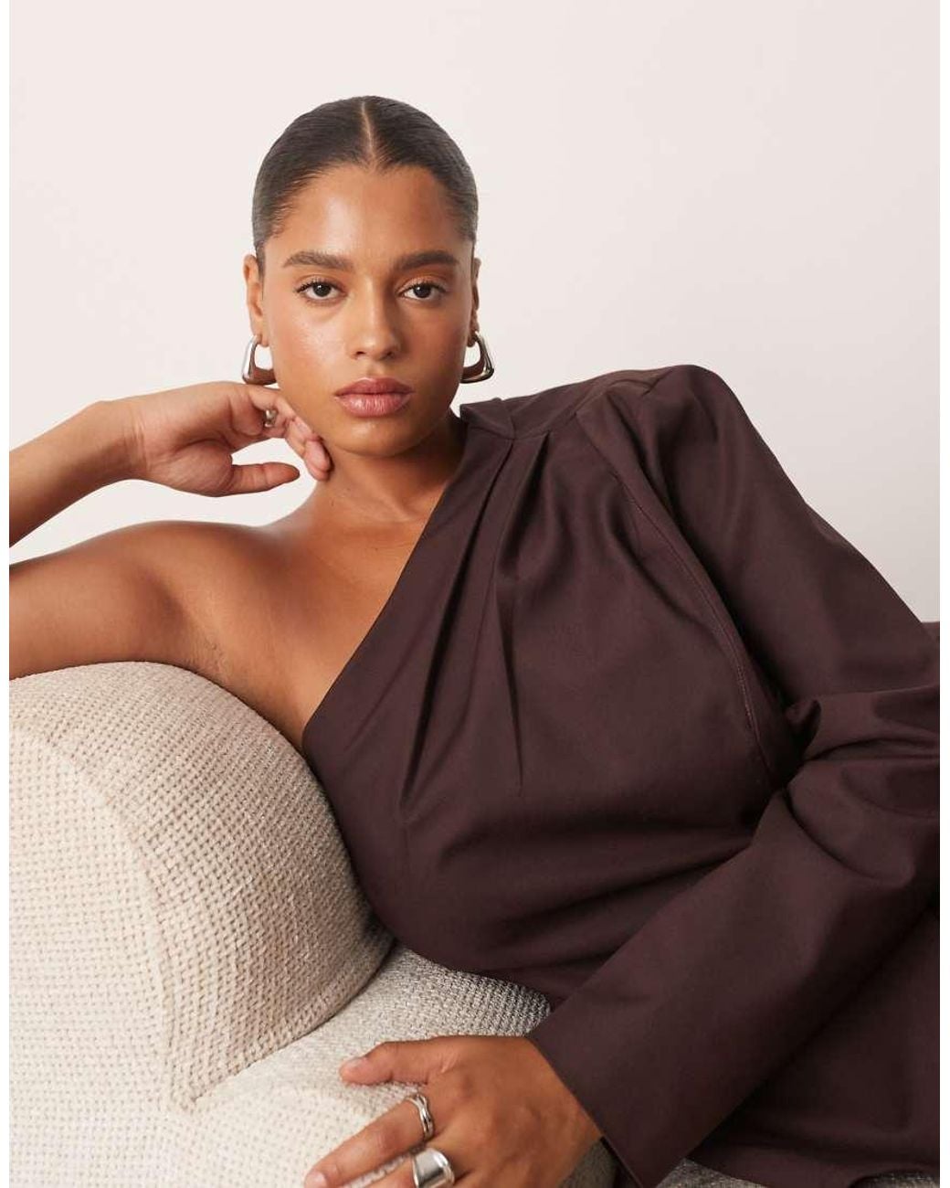 ARRANGE Brown Curve Sculpted One Shoulder Maxi Dress With Micro Pleat Hem