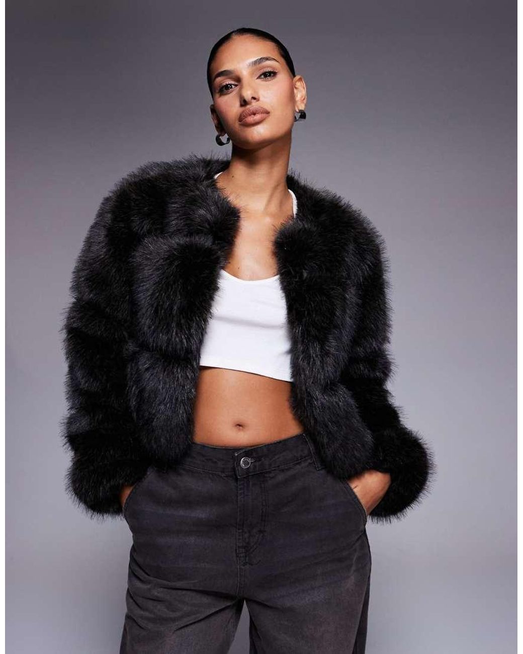 River Island Black Cropped Faux Fur Panelled Jacket