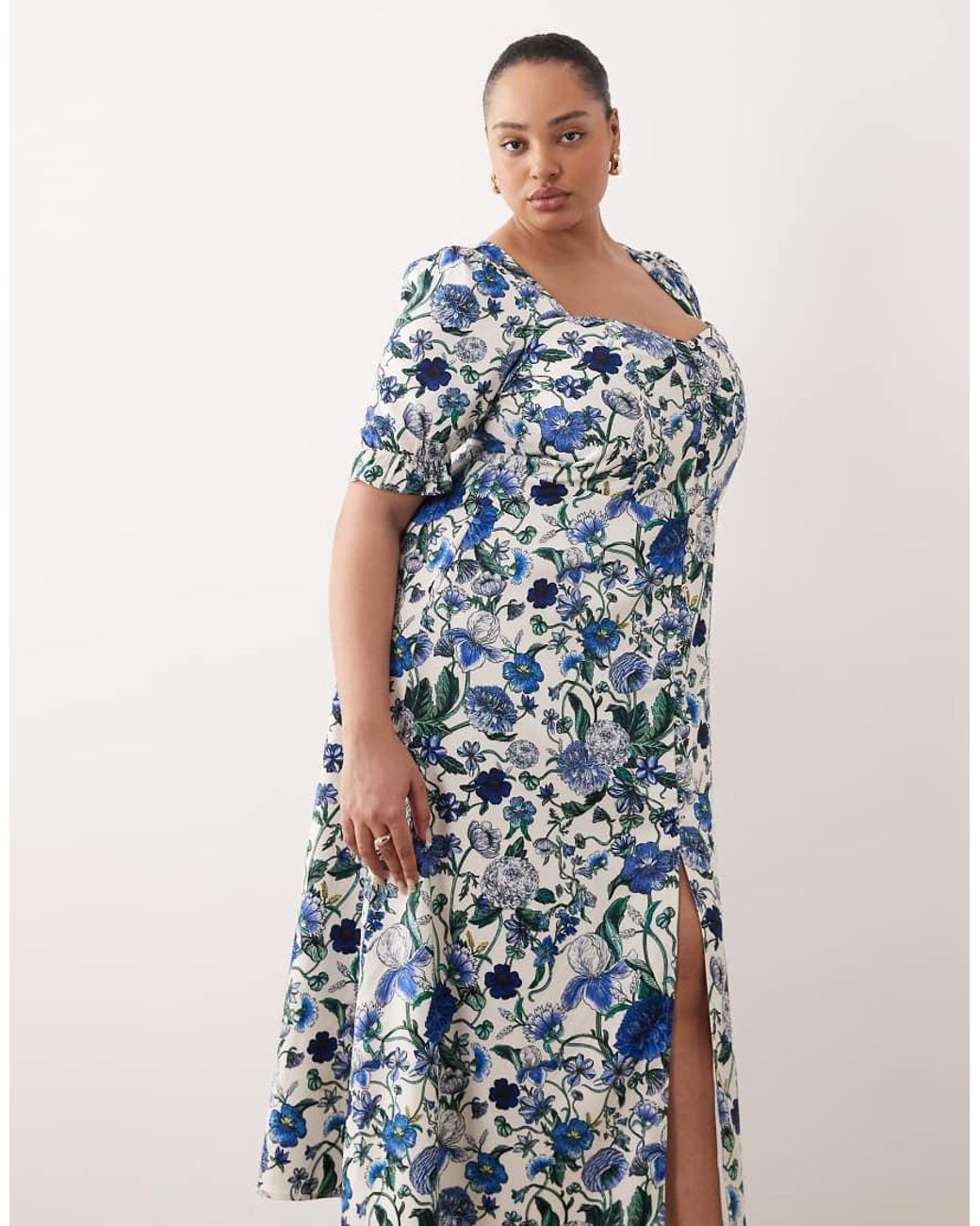 Split Front Plus Hope & Ivy Plus Button Detail Split Front Midi Dress in Blue | Lyst UK