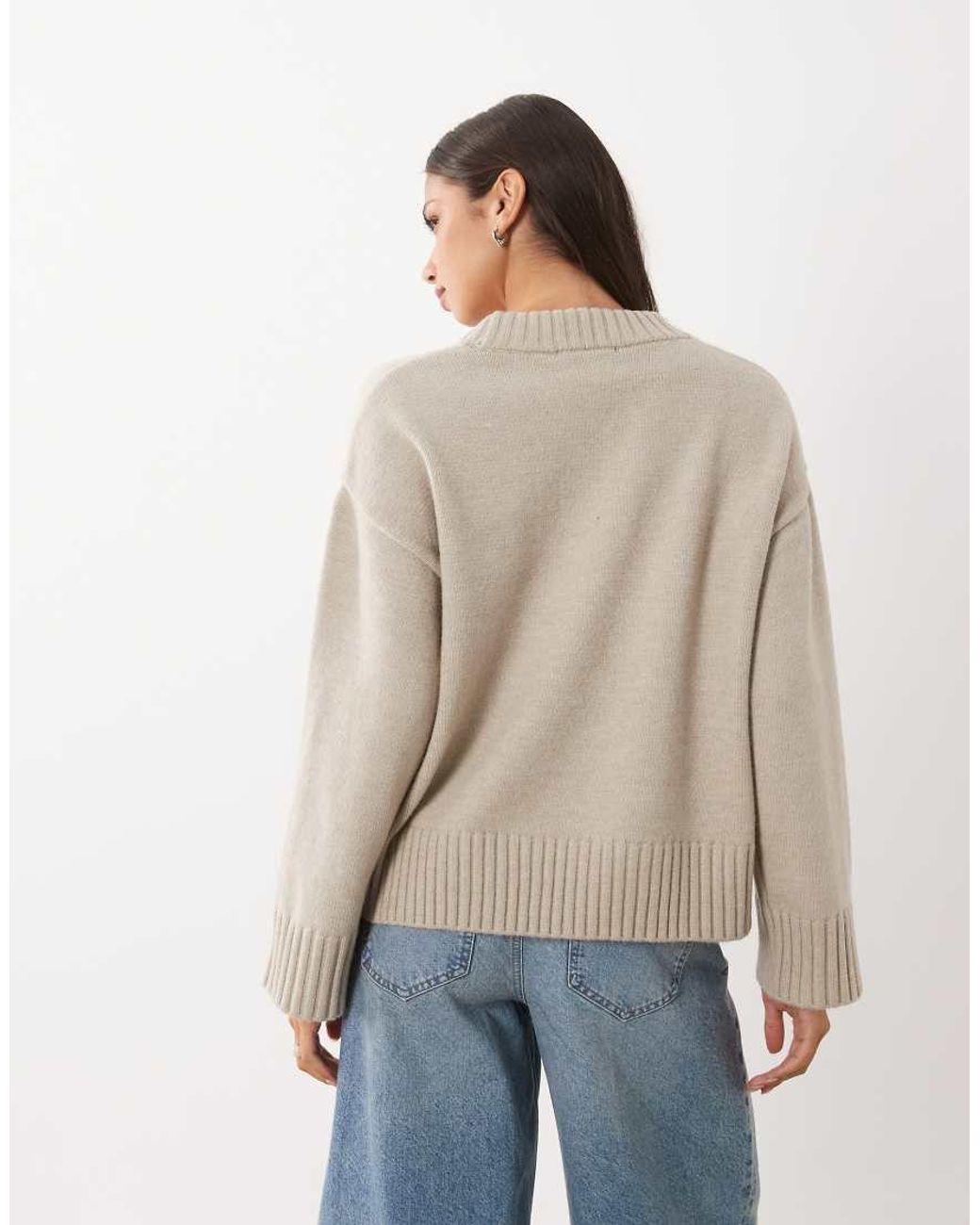 Gina Tricot Natural Crew Neck Knitted Sweater With Wide Sleeves