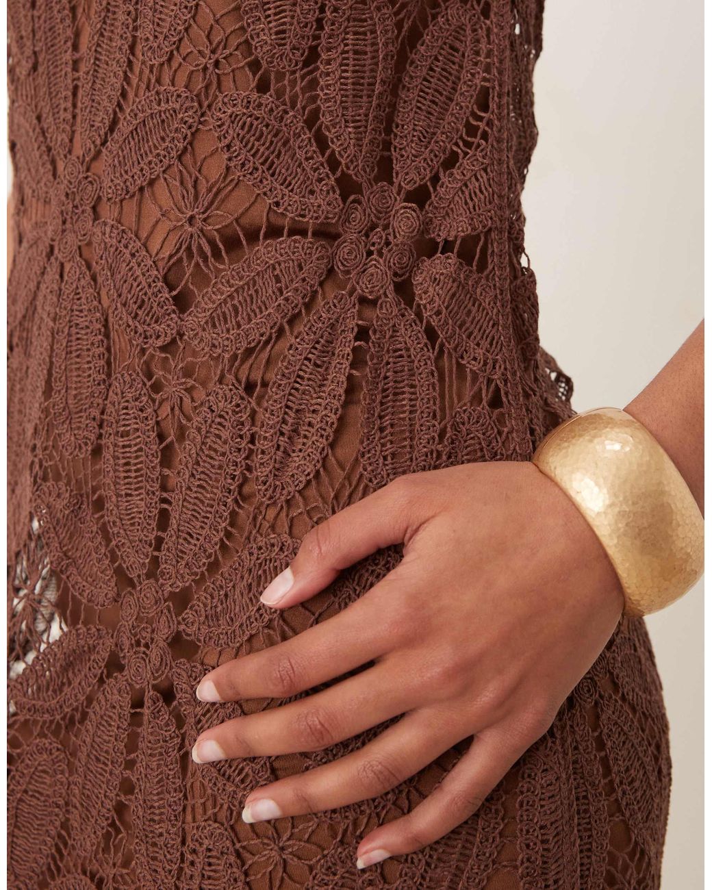 Mango Cutwork Crochet Mini Dress in Brown