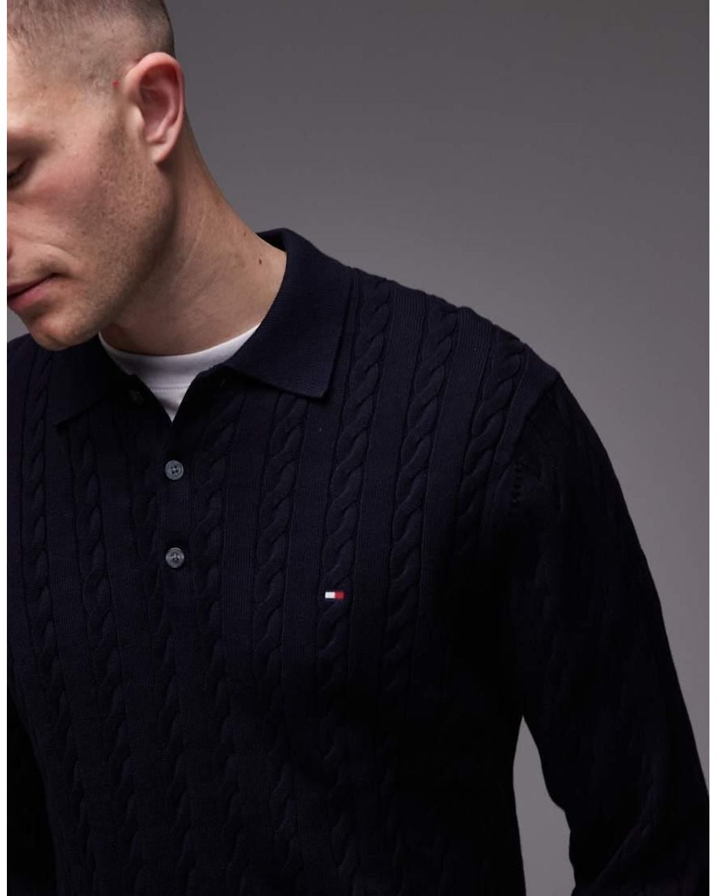 Tommy Hilfiger Blue Cable Knit Long Sleeve Polo Shirt for men