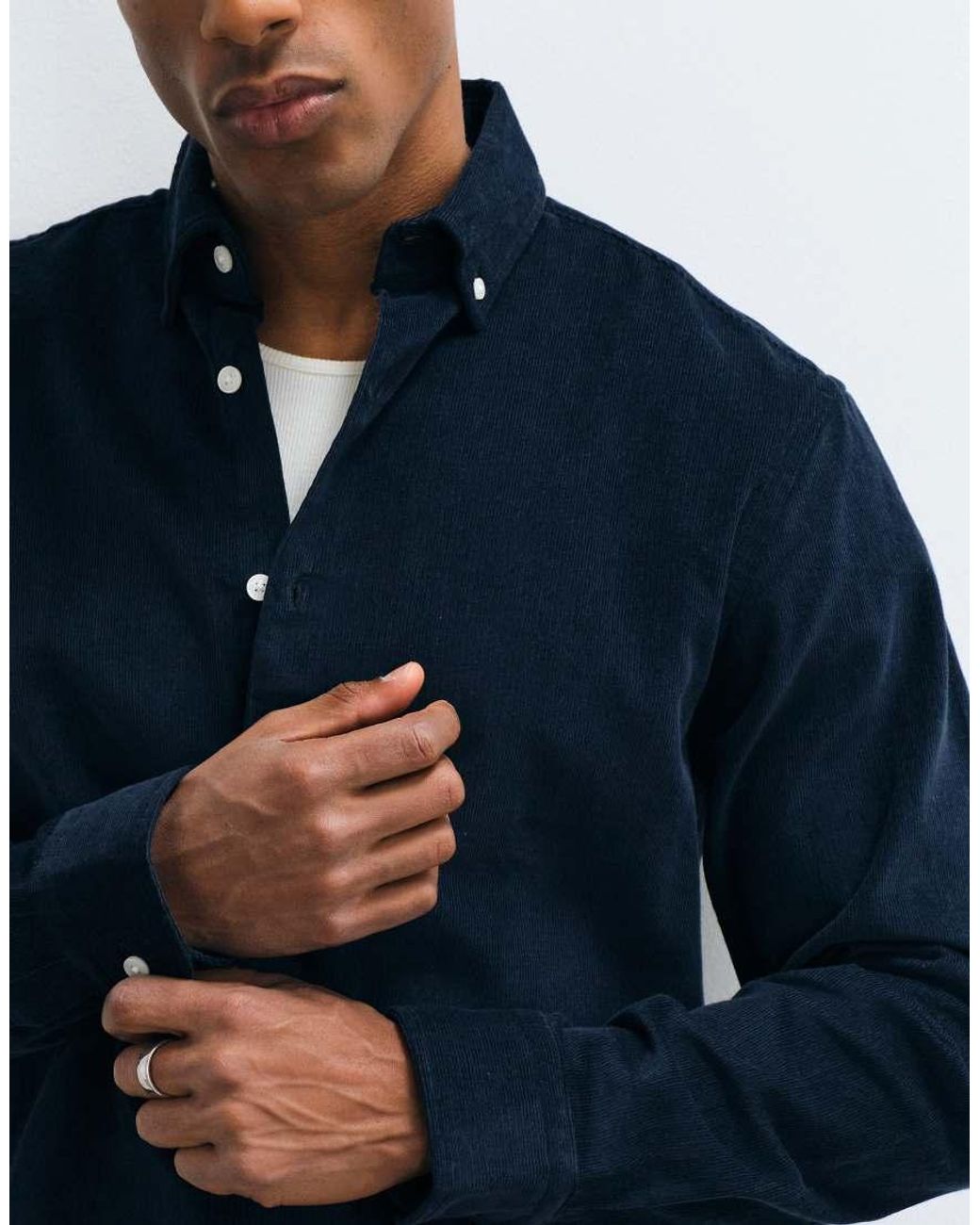 SELECTED Blue Regular Fit Corduroy Shirt With Buttoned Collar for men