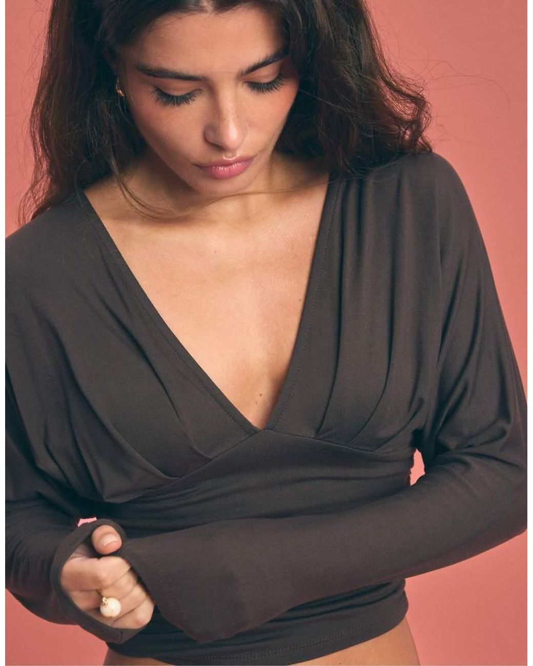 Stradivarius Brown Long Sleeve V-neck T-shirt