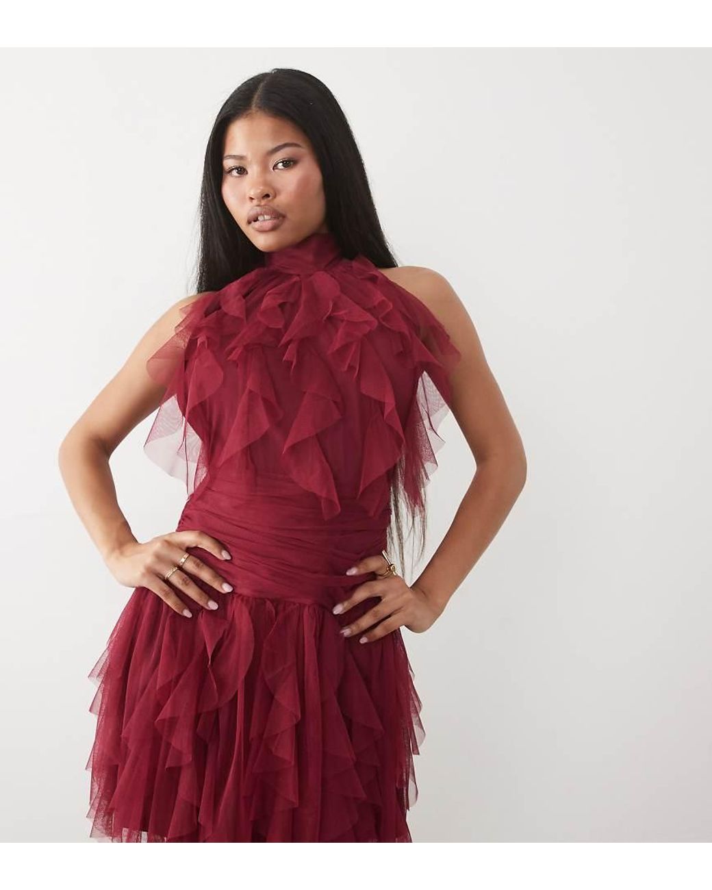 LACE & BEADS Red Tulle Ruffle Halter Drop Hem Mini Dress