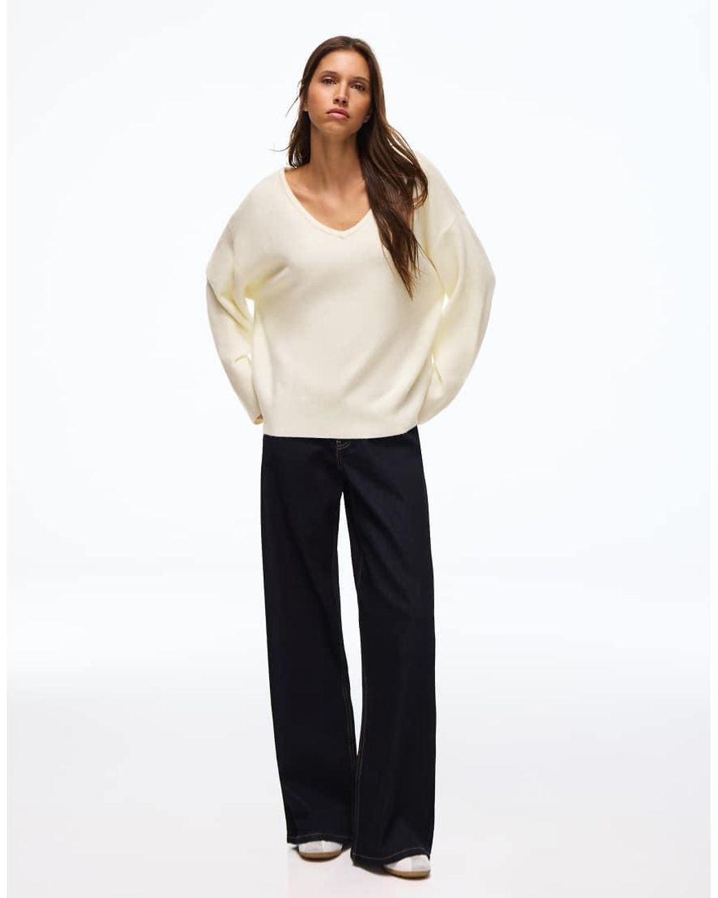 Bershka Natural Oversize V-Neck Jumper
