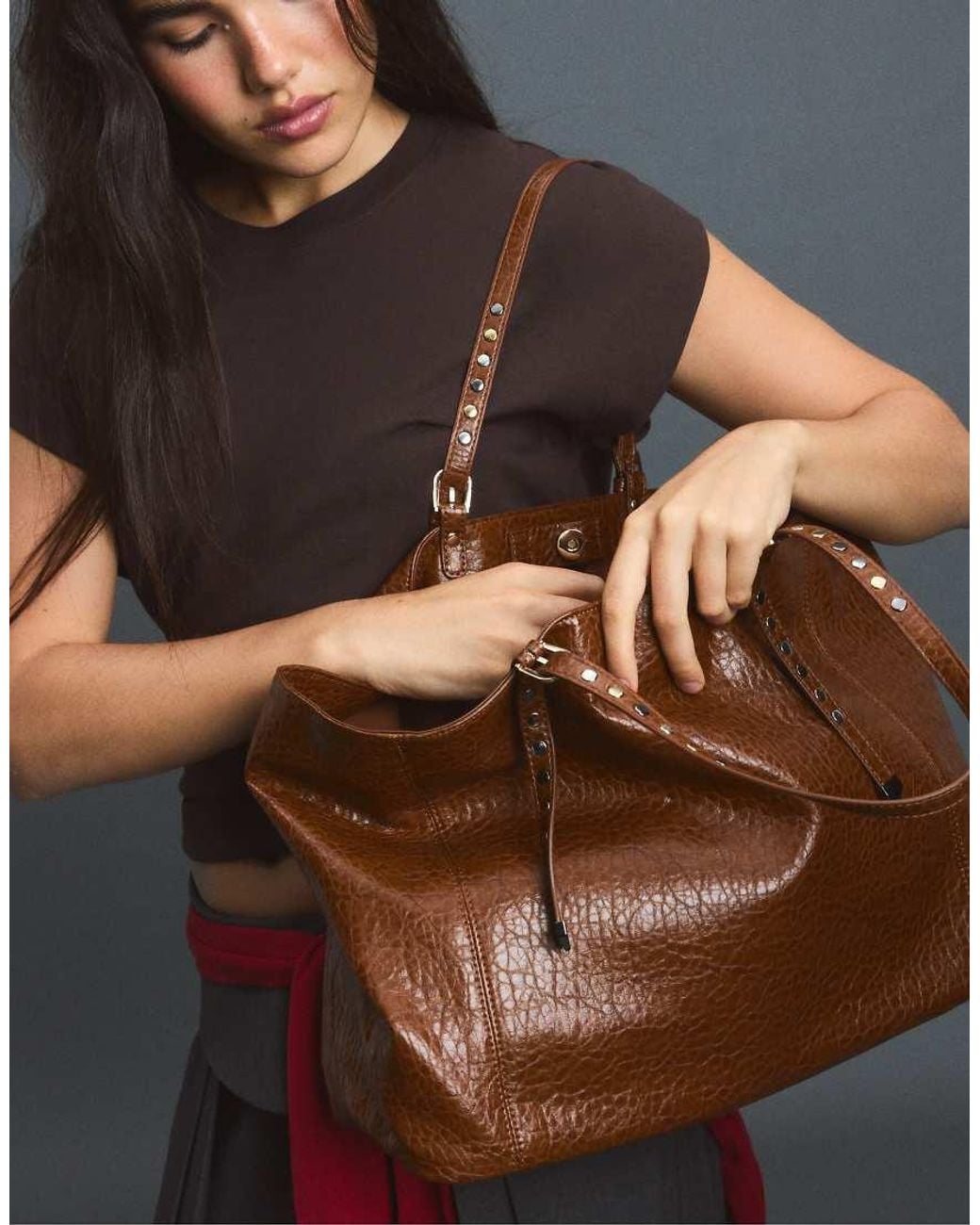 Stradivarius Brown Studded Shopper Bag With Handles