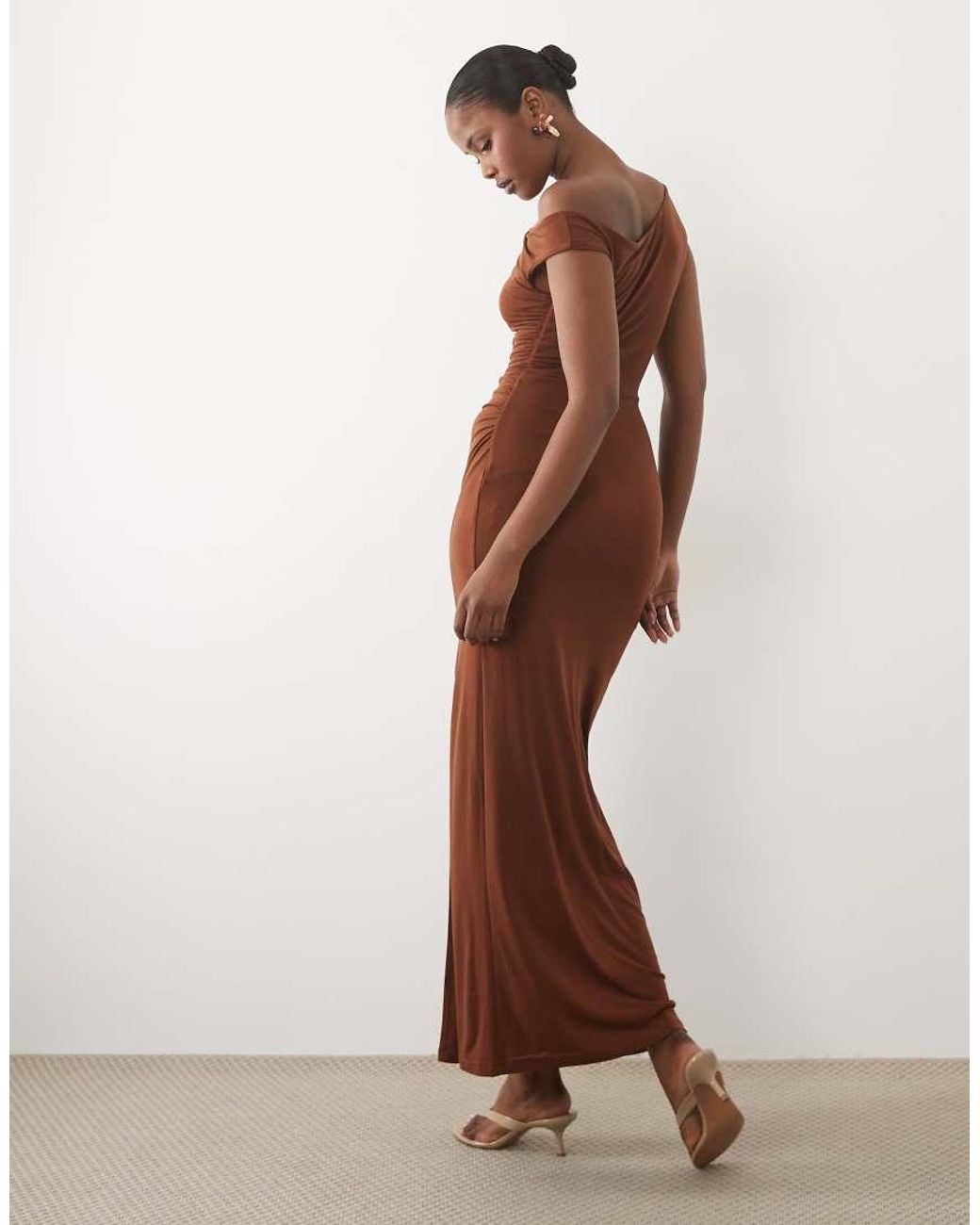 TFNC London Brown Slinky Fallen Shoulder Thigh Split Maxi Dress