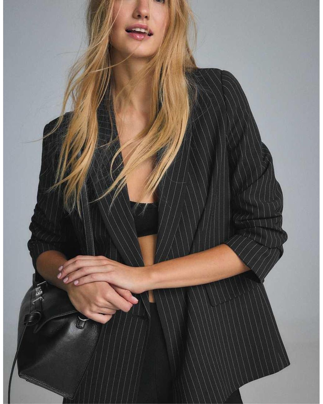 Stradivarius Gray Straight Striped Button Blazer