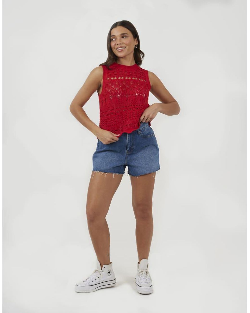 Brave Soul Red Crew Neck Pointelle Knit Tank