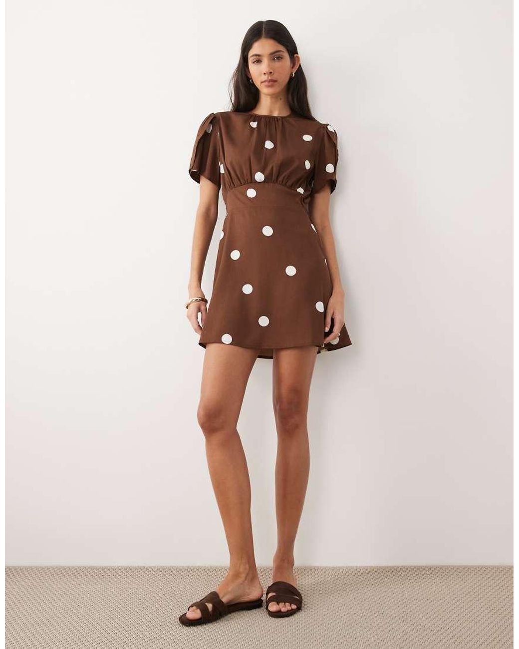 Wednesday's Girl Short Sleeve Brown Polka Dot Mini Dress