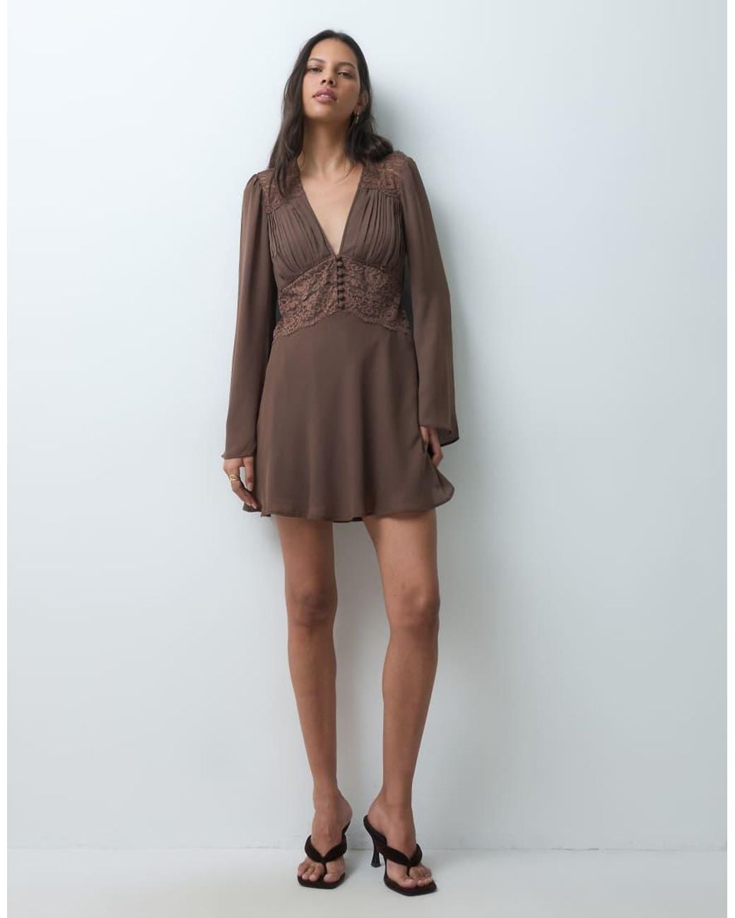 Abercrombie & Fitch Brown Long Sleeve V Neck Mini Dress With Lace Panel
