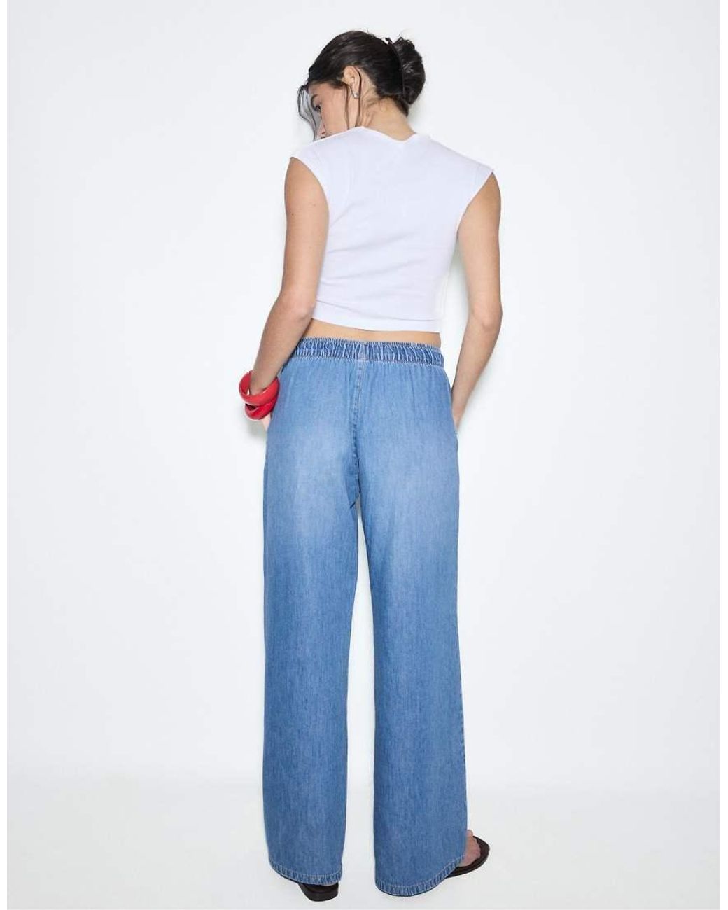 Stradivarius Blue Petite Flowy Denim Trousers With Drawstring