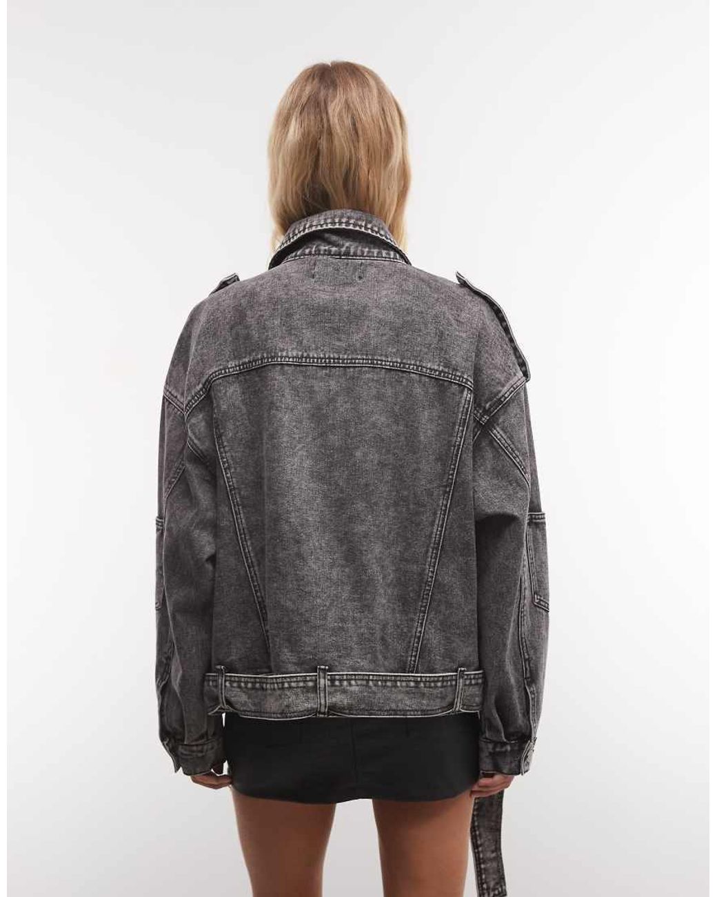 Liquor N Poker Gray Oversized Denim Biker Jacket