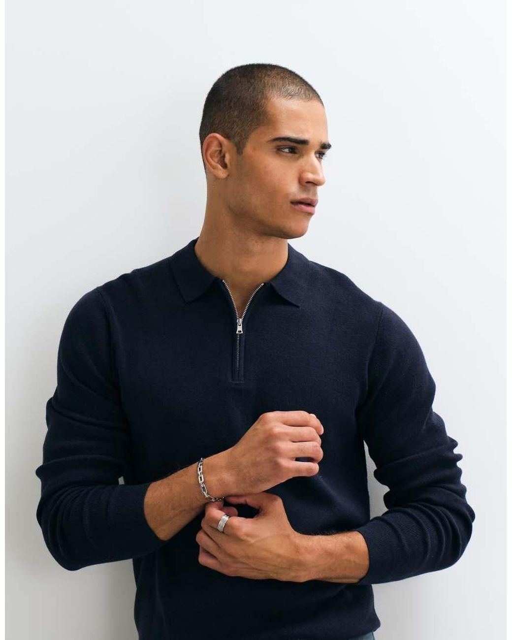 ASOS Blue Essentials Knitted Lightweight Zip Polo for men