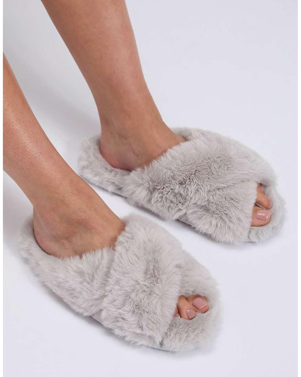 Boux Avenue Gray Cross Band Open Toe Soft Plush Loungewear Slider Slippers