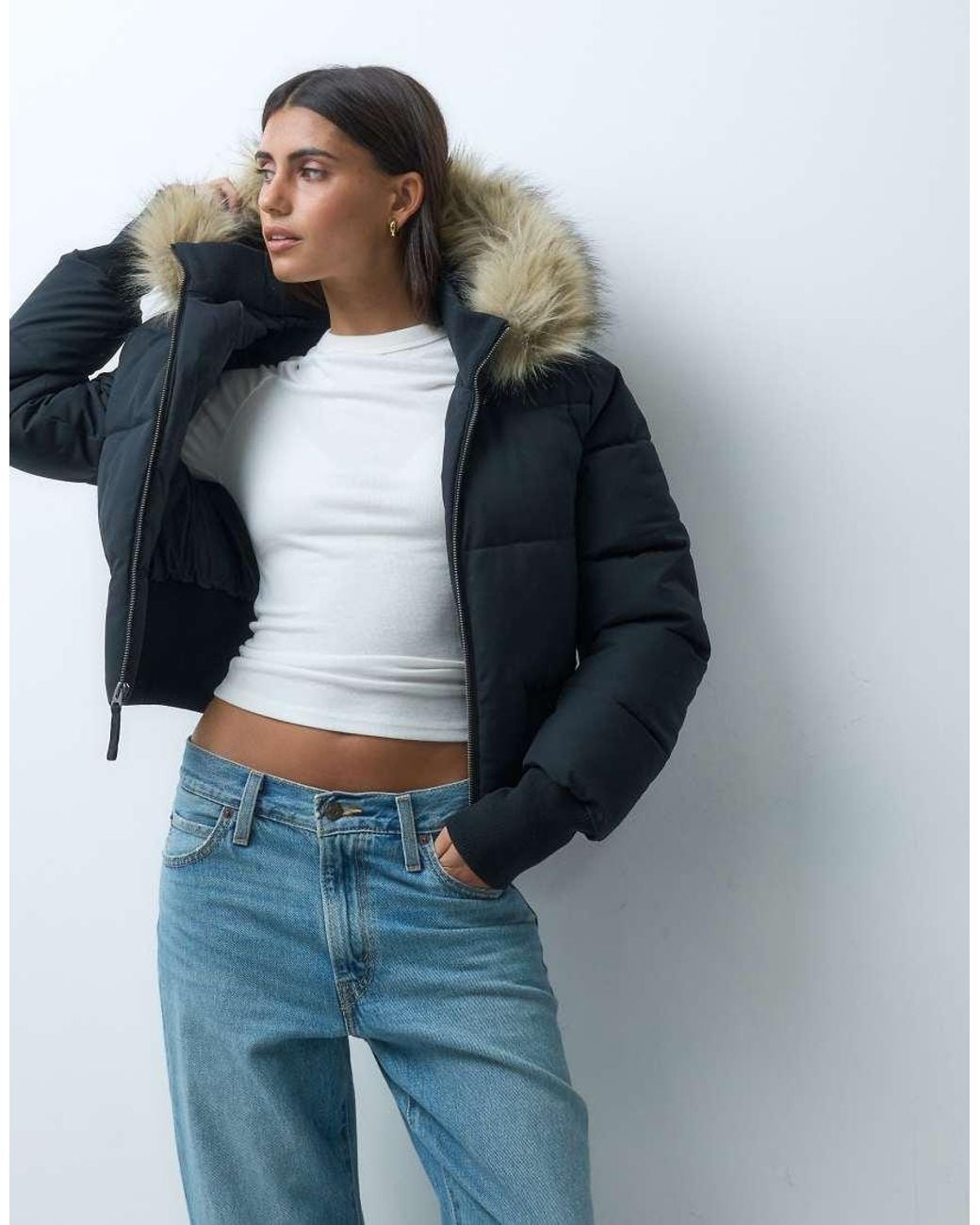 Hollister Blue Cropped Puffer Jacket With Faux Fur Hood