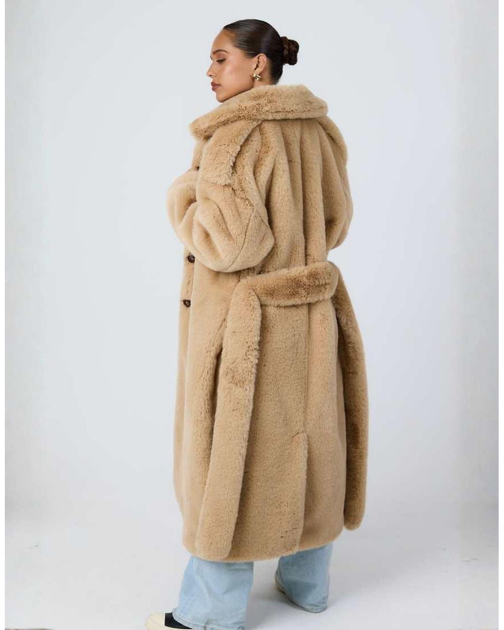 Aria Cove Gray Faux Fur Button Detail Collared Belted Maxi Coat