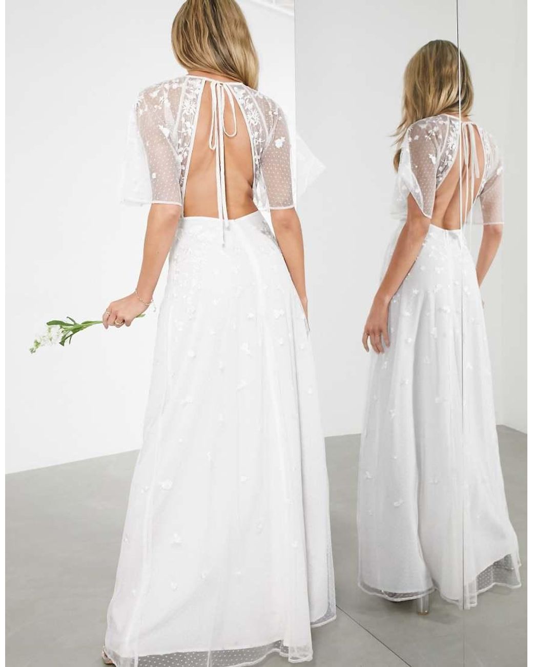 ASOS Annie Floral Embroidered Flutter Sleeve Wedding Dress in White | Lyst  UK