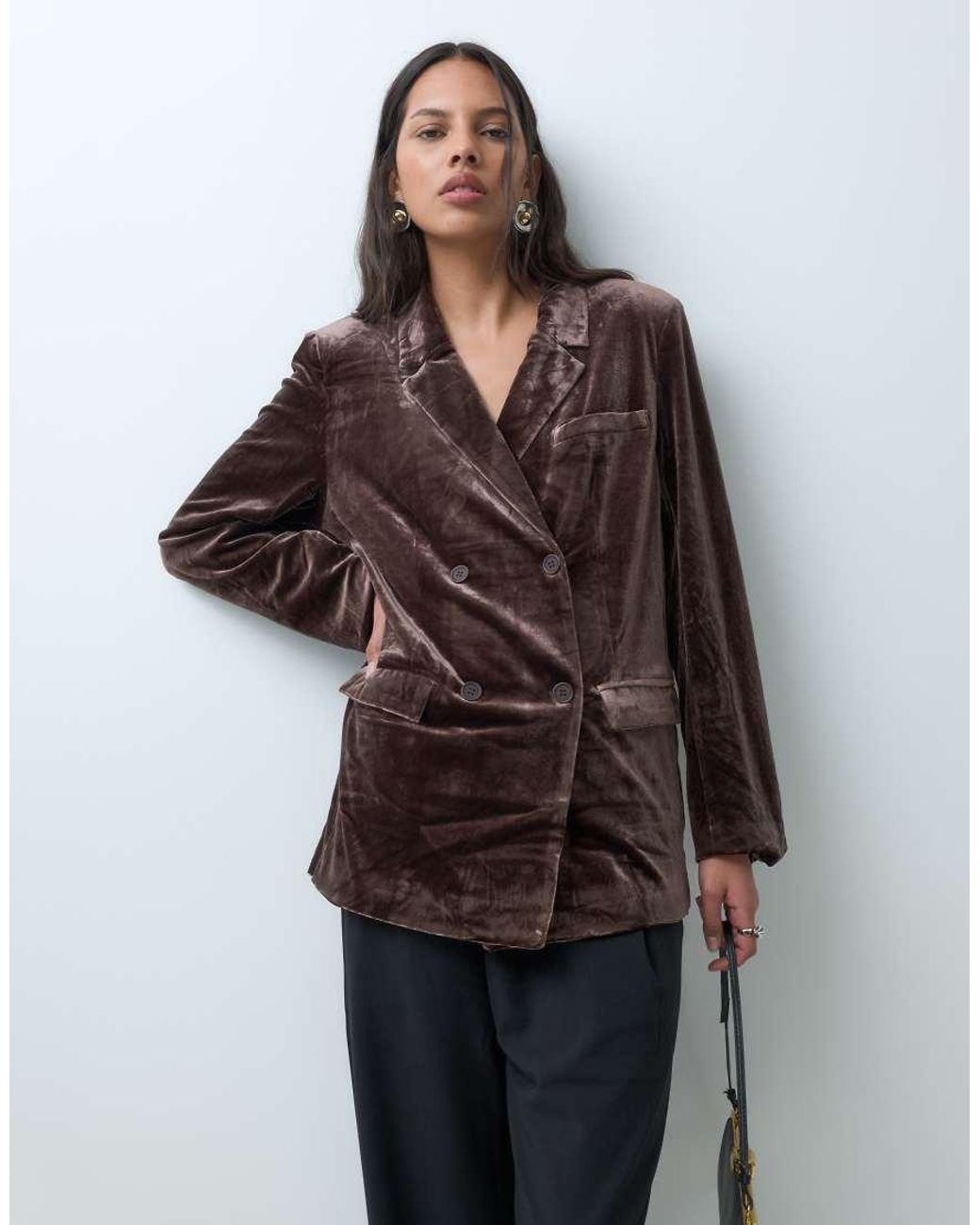 Vila Brown Oversized Tailored Double Breasted Velvet Blazer Co-ord