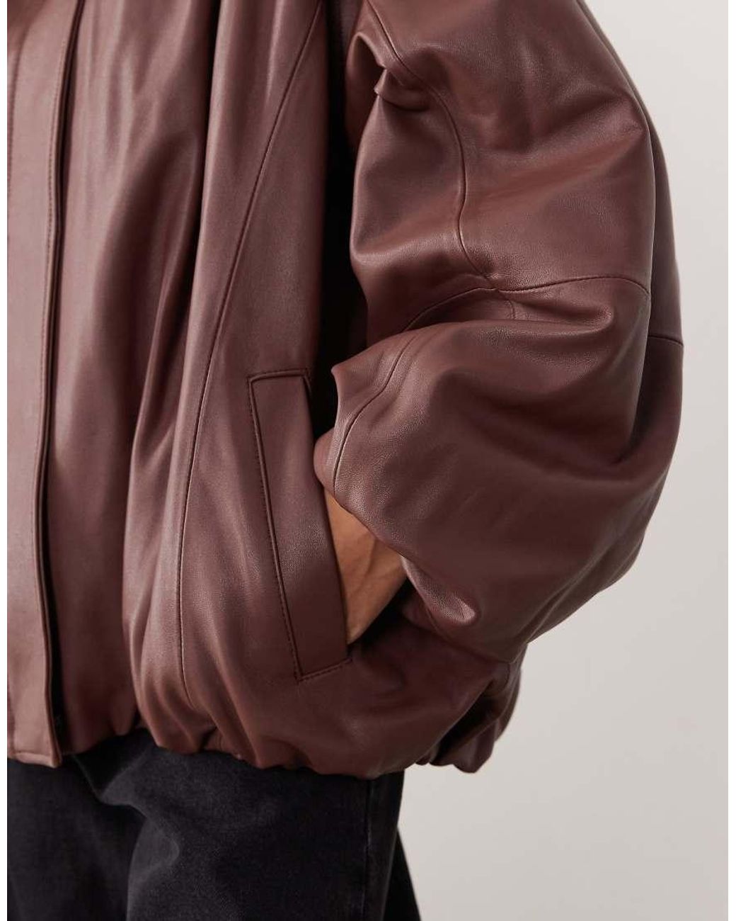 ARRANGE Brown Oversized Leather Bomber Coat With Balloon Sleeve