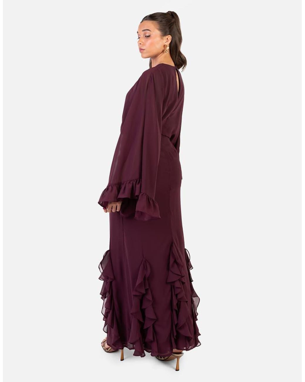 ANAYA Red Oversized Sleeve Round Neck Ruffle Maxi Dress