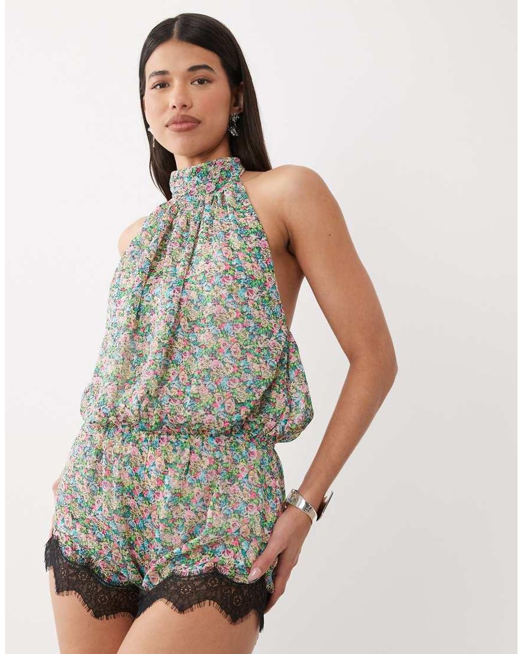 AFRM Gray Logain Polo Neck Halter Lace Trim Playsuit