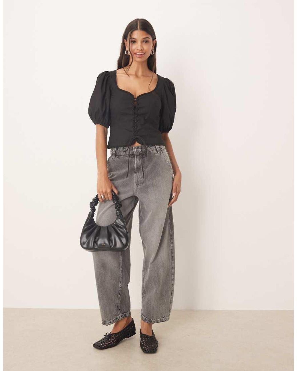 ASOS Gray Puff Sleeve Lace Up Front Top-black