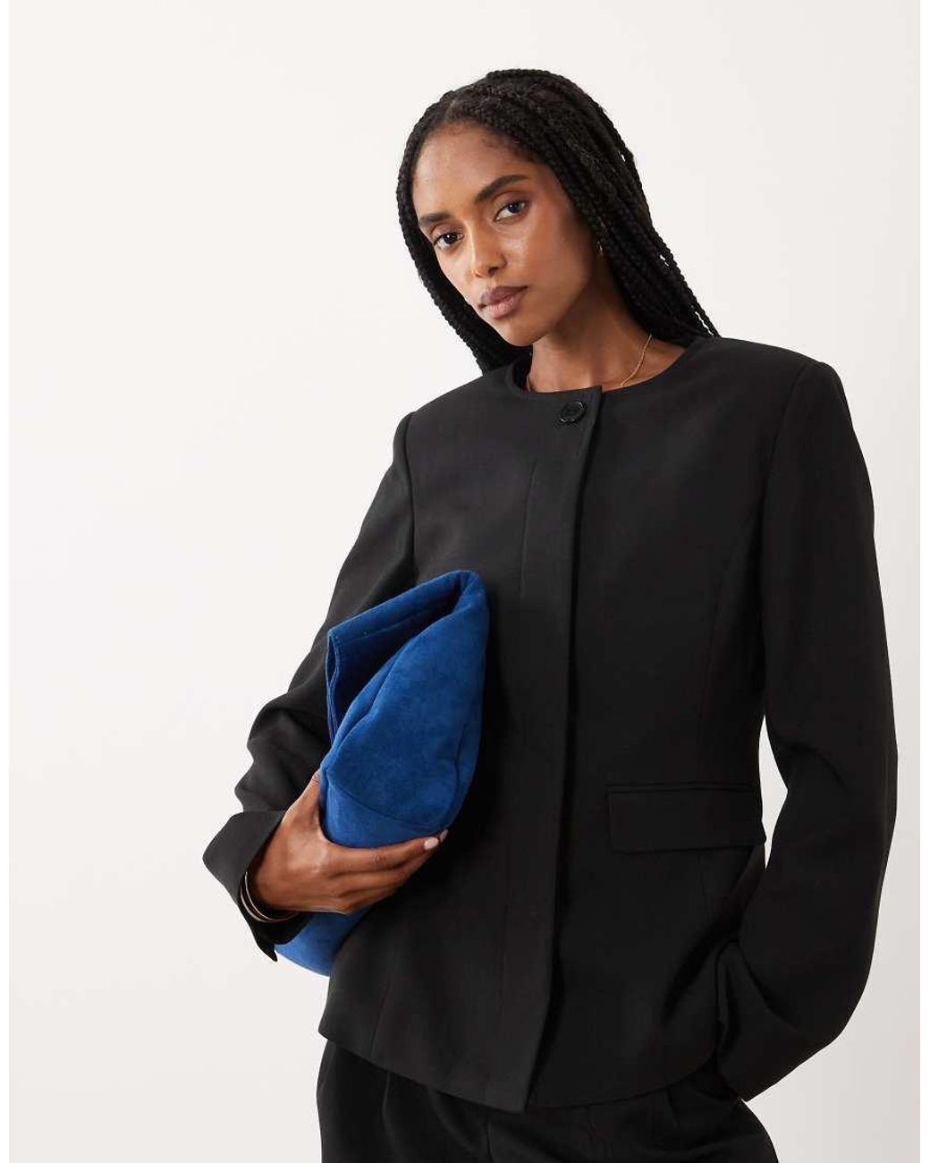 4th & Reckless Blue Structured Collarless Fluted Sleeve Blazer