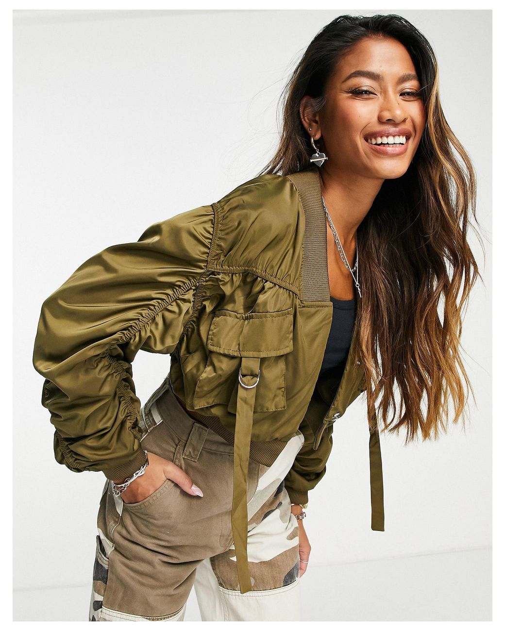 Bershka Satin Cargo Bomber Jacket in Green | Lyst