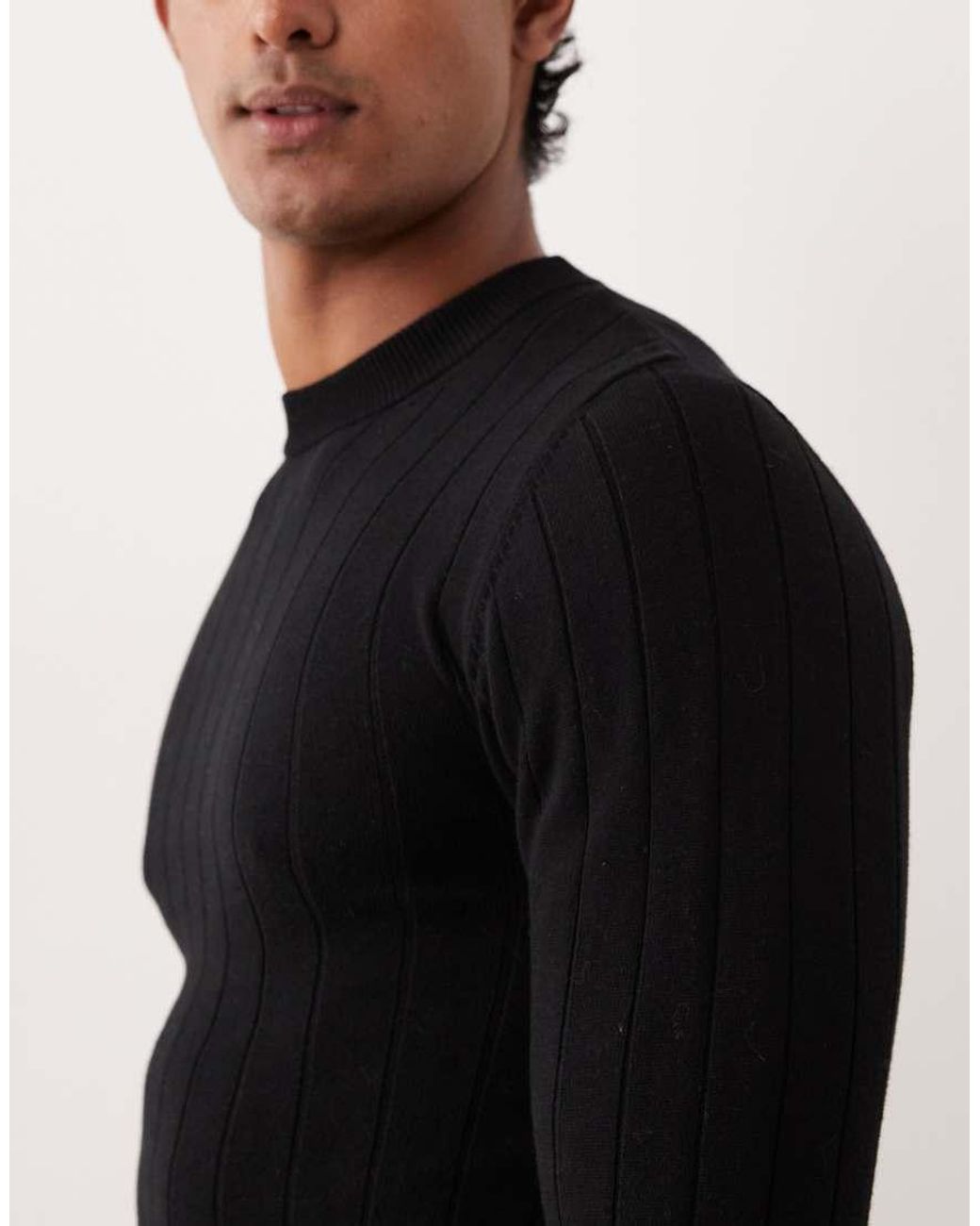 ASOS Black Muscle Fit Long Sleeve Knitted Rib T-shirt for men