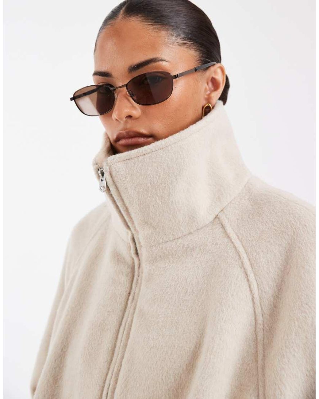 ASOS Natural Asos Design Petite Funnel Neck Bubble Hem Jacket With Wool