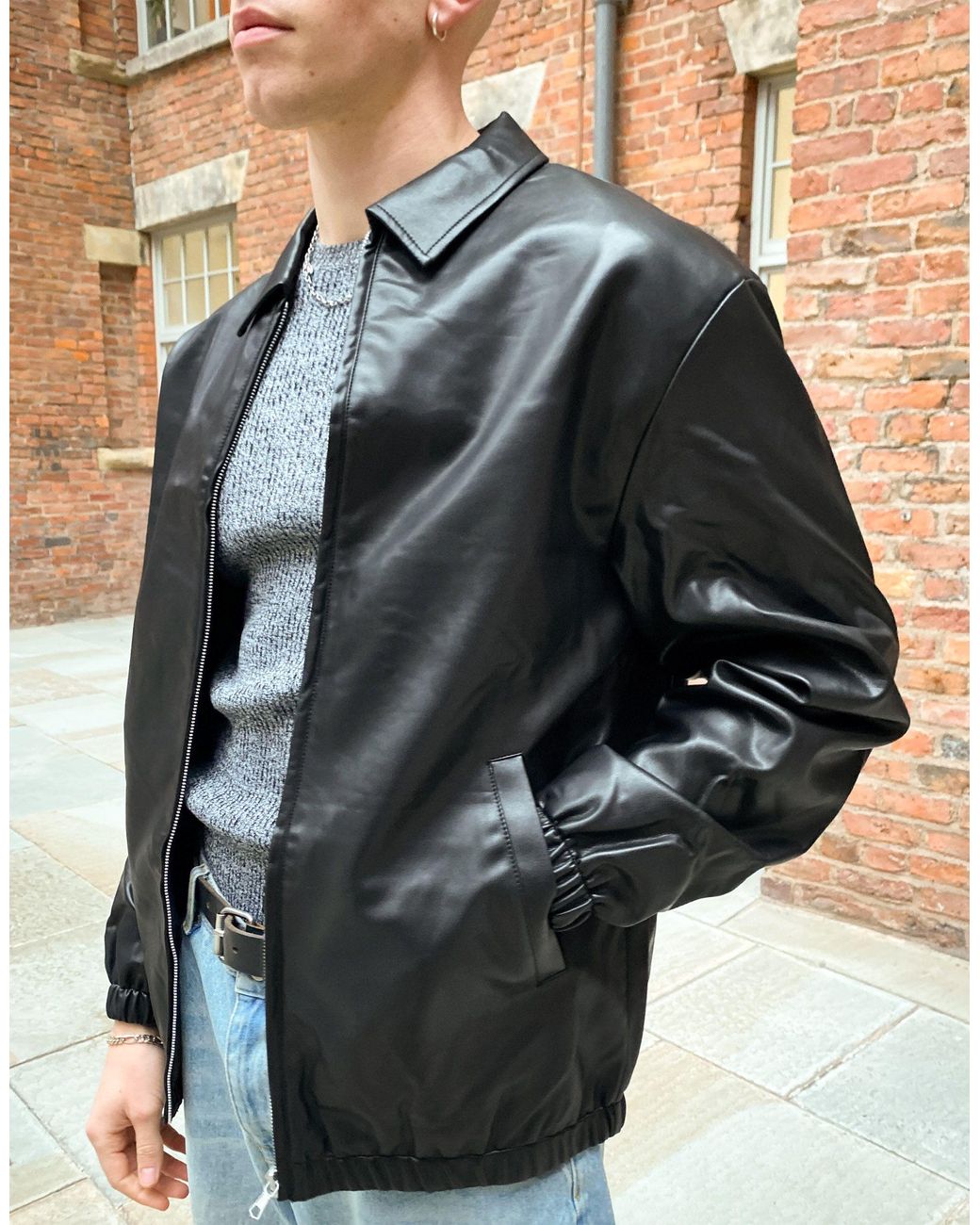ASOS Oversized Faux Leather Harrington Jacket in Black for Men | Lyst UK