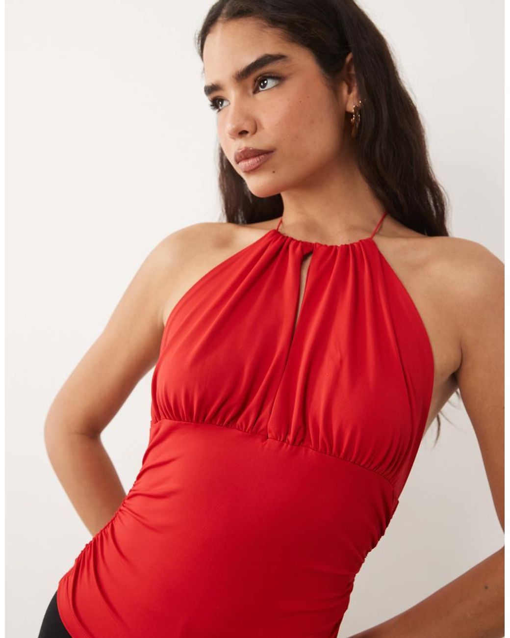 ASOS Red Polyamide High Neck Cinched Waist Halter Top