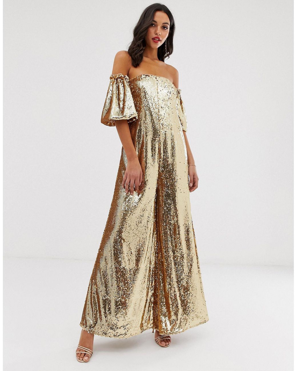 ASOS Jumpsuit Met Een Blote Schouder En Gouden Lovertjes in het