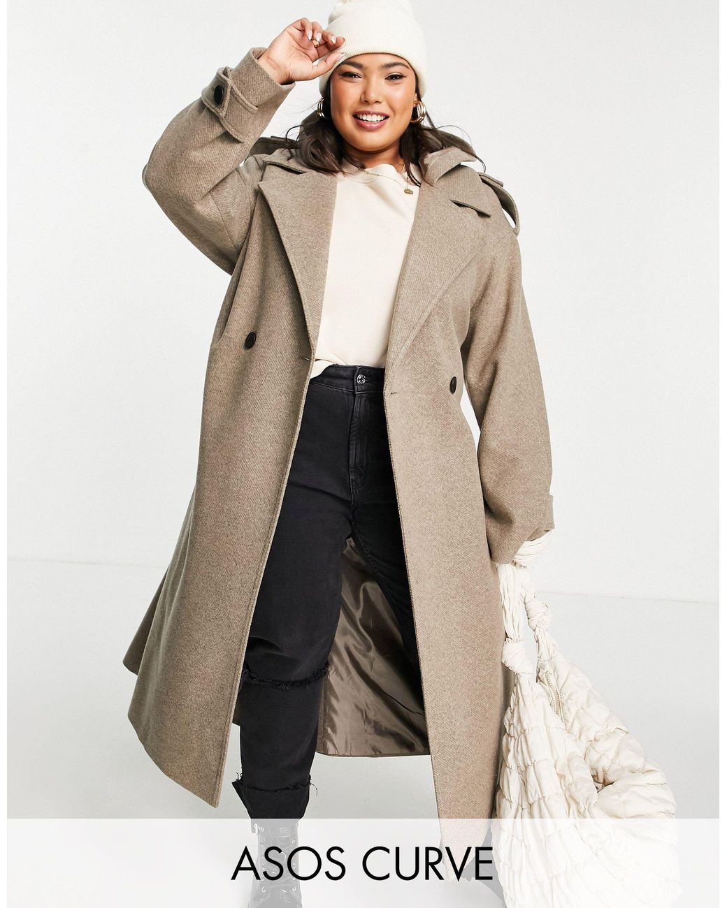 ASOS Asos Design Curve Slouchy Belted Coat With Hood in Grey | Lyst UK