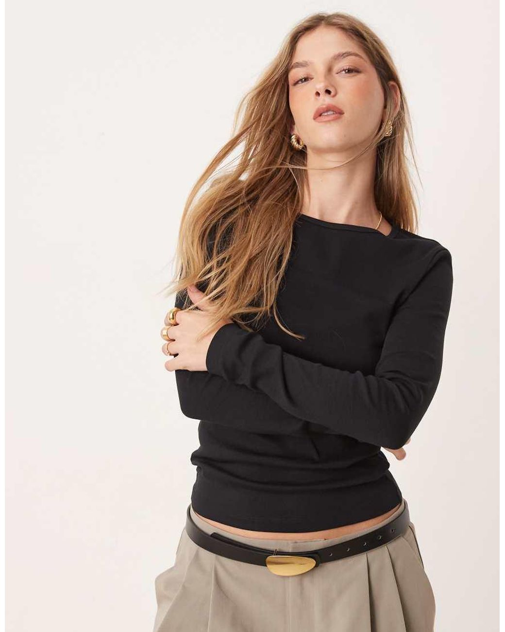 Gina Tricot Black Jersey Rib Round Neck Long Sleeve Top
