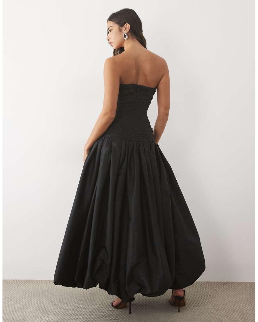 LACE & BEADS Black Taffeta Strapless Drop Waist Bubble Hem Maxi Dress