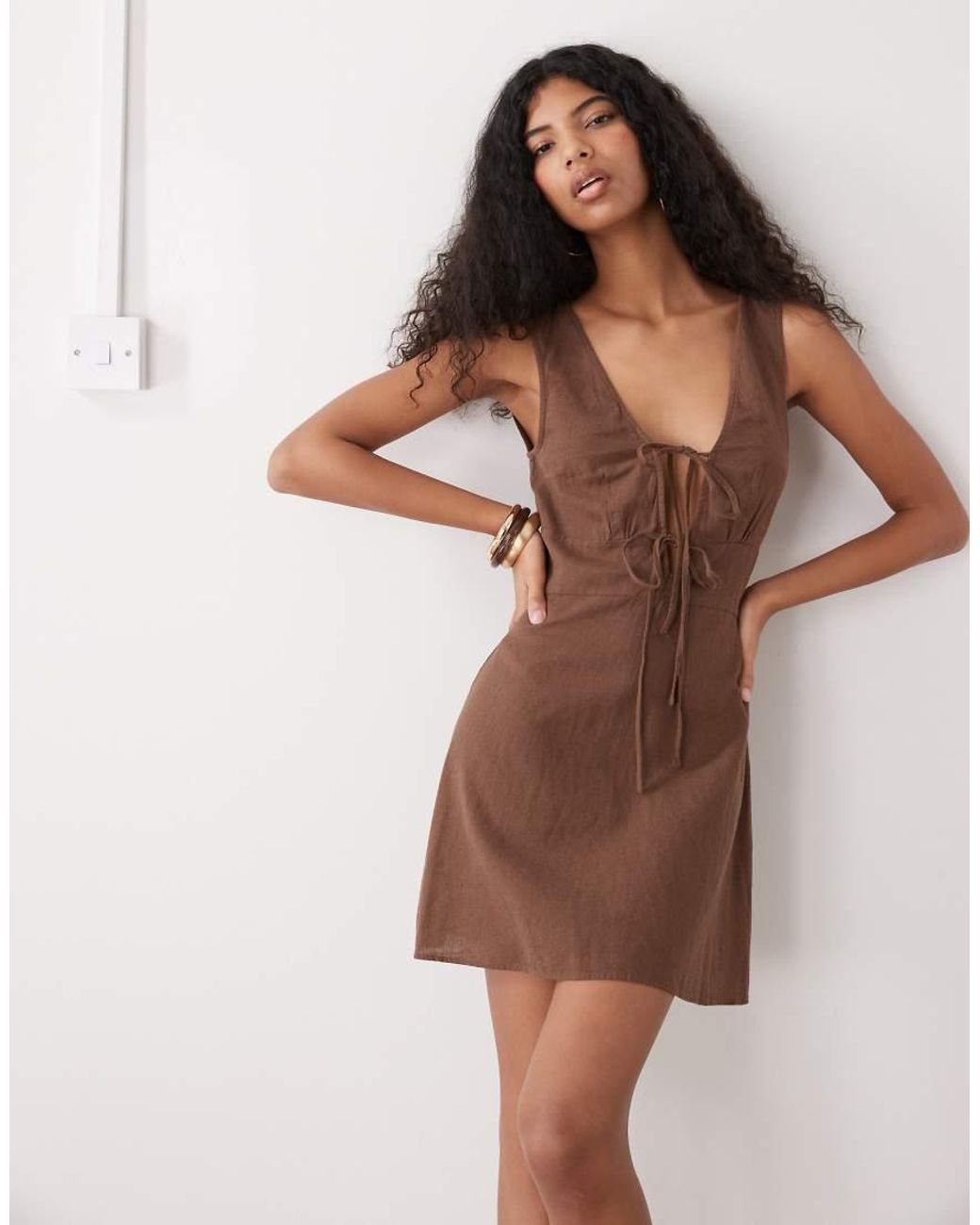 Monki Brown Linen Blend Tie Front Mini Dress