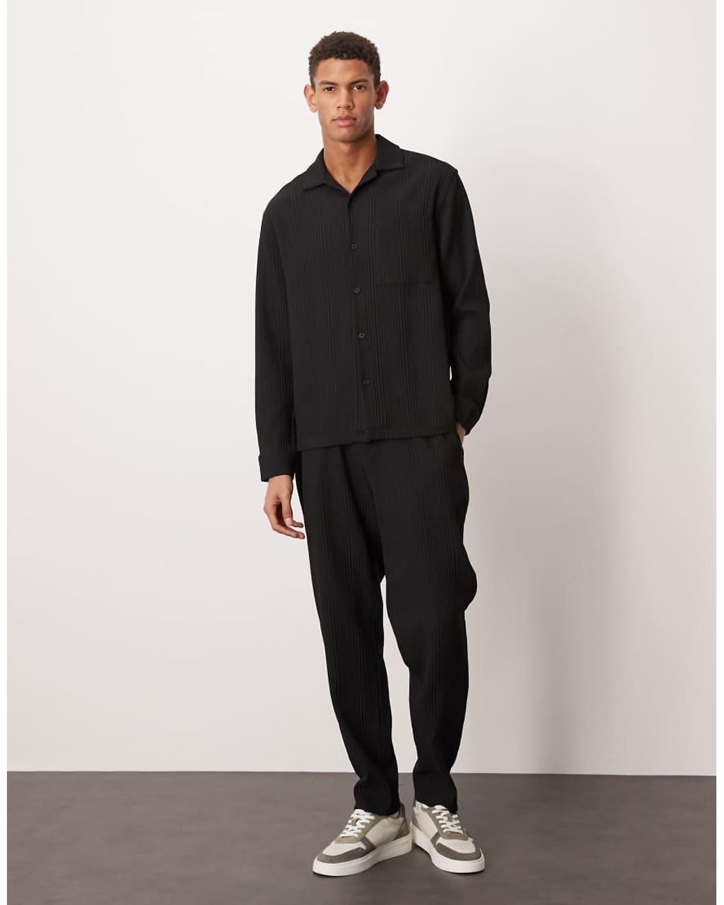 ASOS Black Co-Ord Relaxed Revere Plisse Shirt for men
