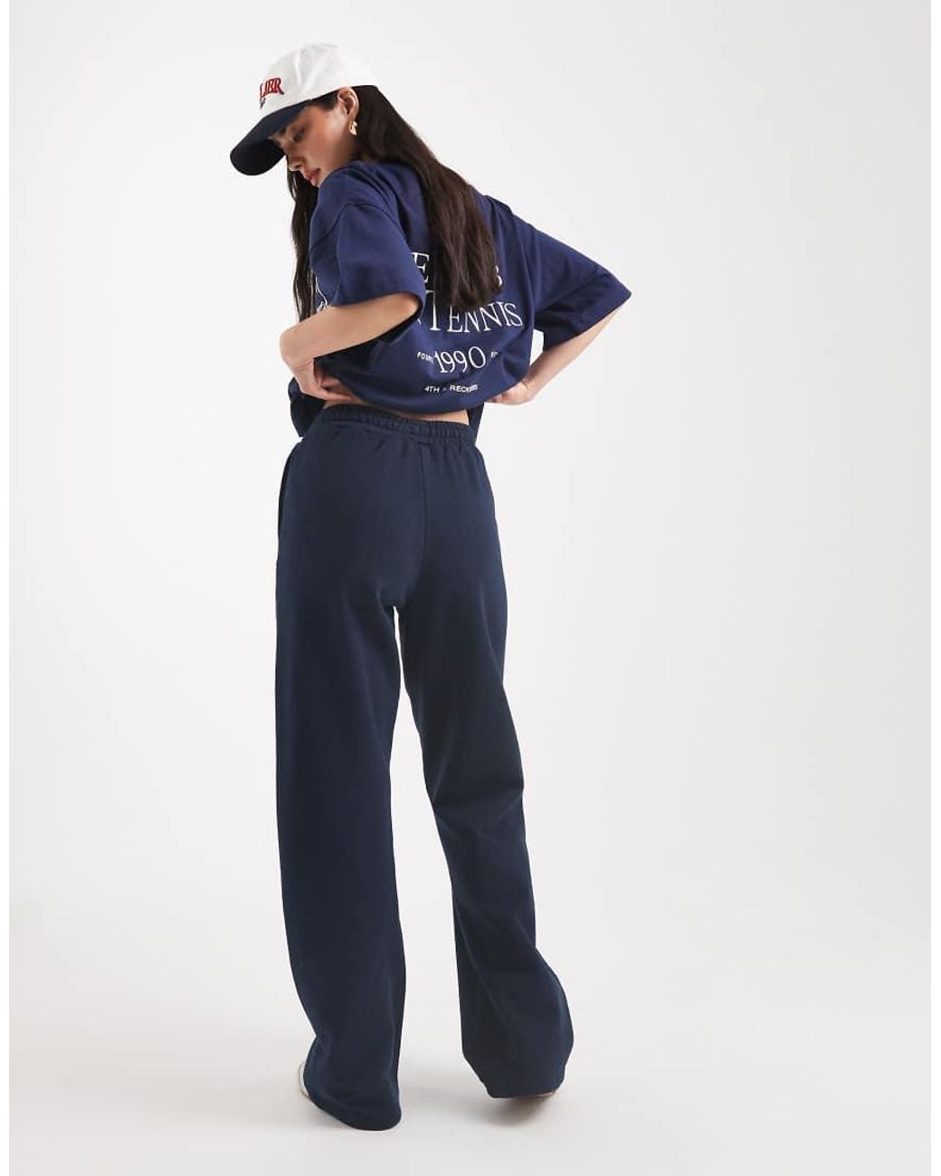 4th & Reckless Blue Cotton Embroidered Logo Seam Detail Wide Leg Sweatpants