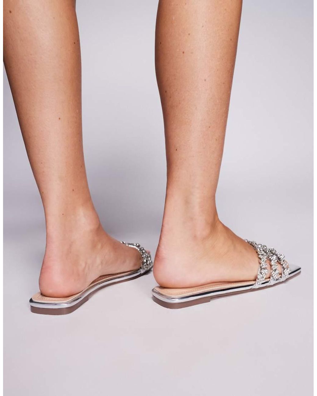 SIMMI White Mirror Diamante Flat Sandals