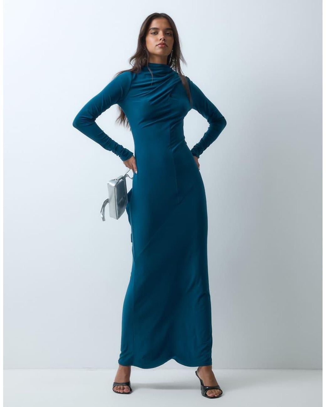 ASOS Blue Slinky Long Sleeve High Neck Scarf Detail Maxi Dress