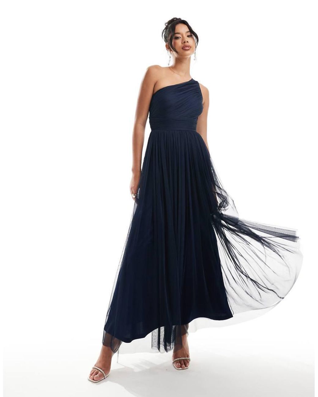 LACE & BEADS Blue Bridesmaid One Shoulder Tulle Maxi Dress
