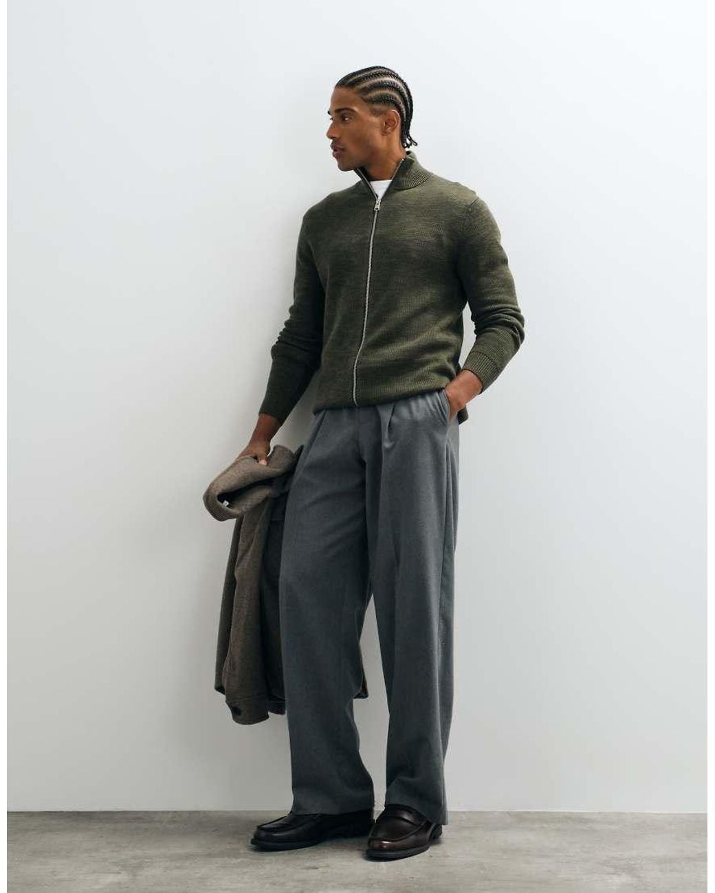 SELECTED Green Double Zip Ribbed Knit Jumper for men