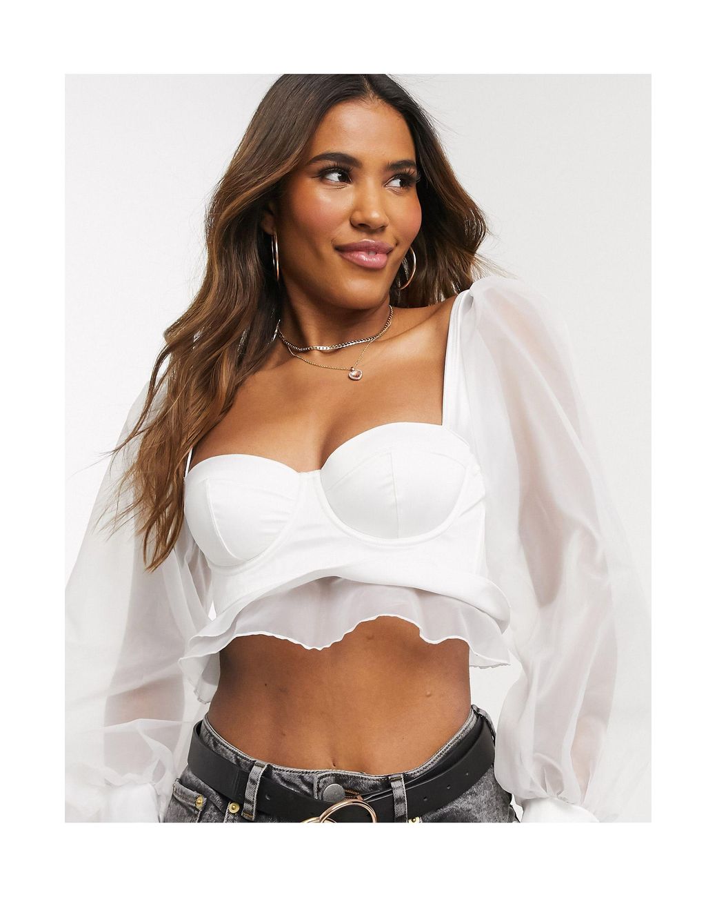 ASOS Padded Underwire Bra Top With Organza Puff Sleeves in White