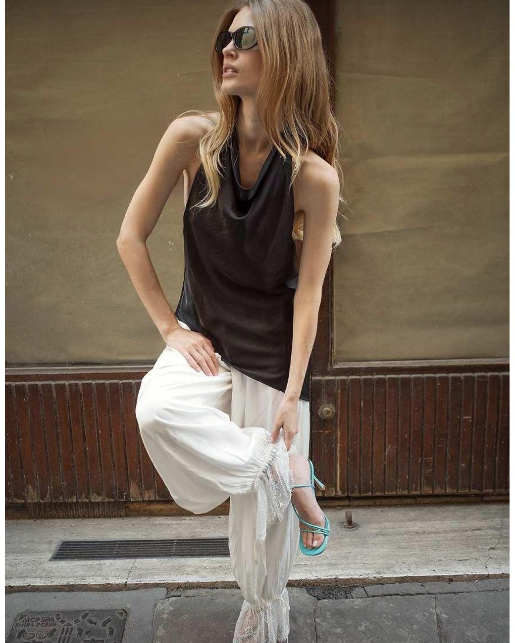 NA-KD Gray Satin Draped Asymmetric Halterneck Top
