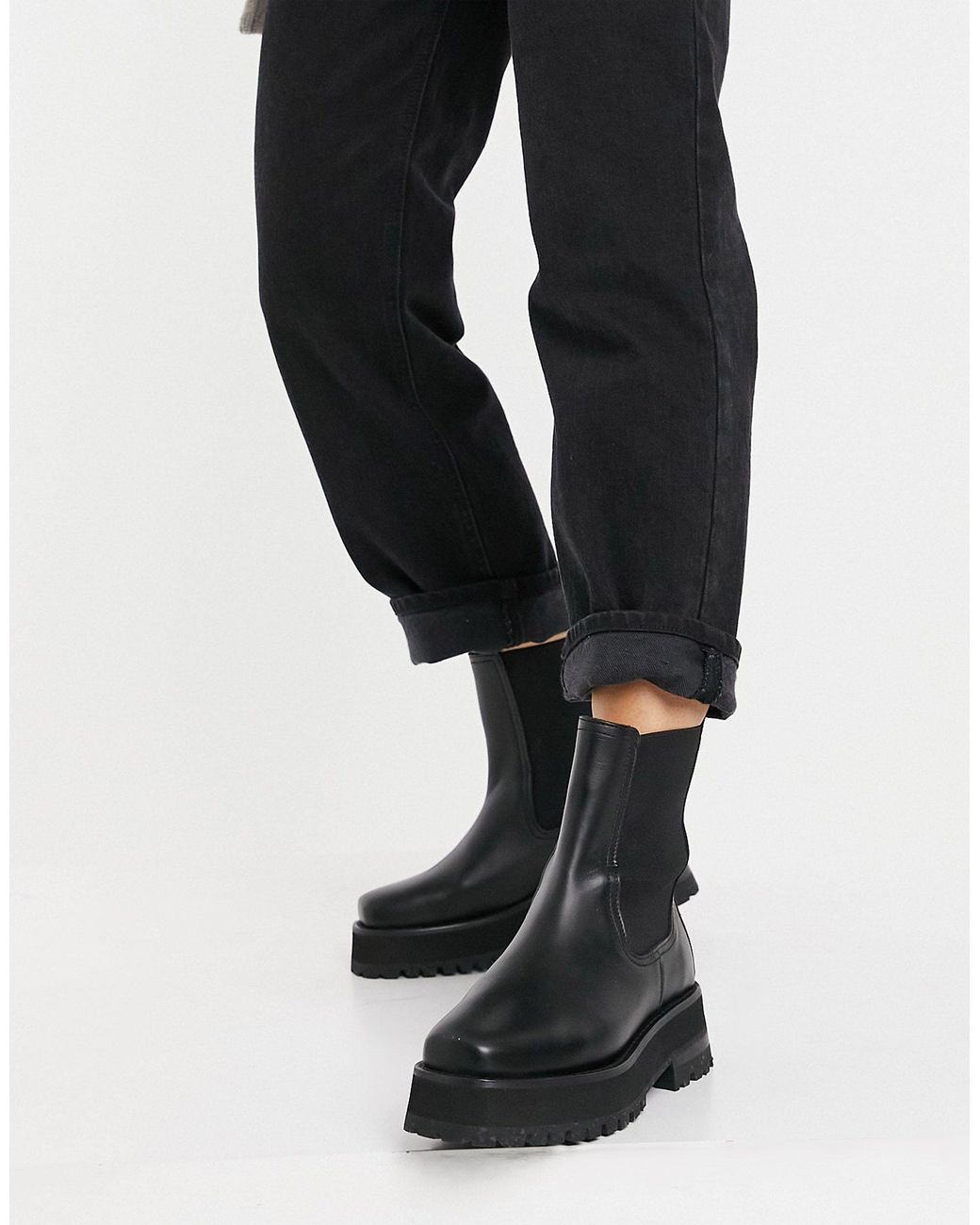 & Other Stories Leather Chunky Square Toe Boots in Black | Lyst