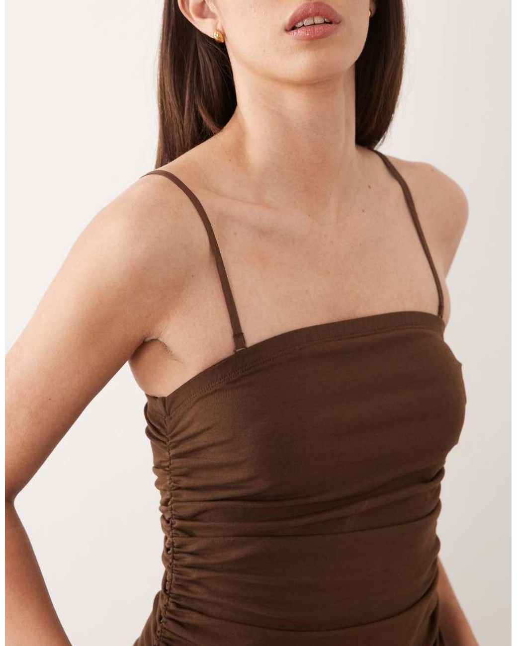 Never Fully Dressed Natural Lola Cami Ruched Bodice Drop Waist Midi Dress